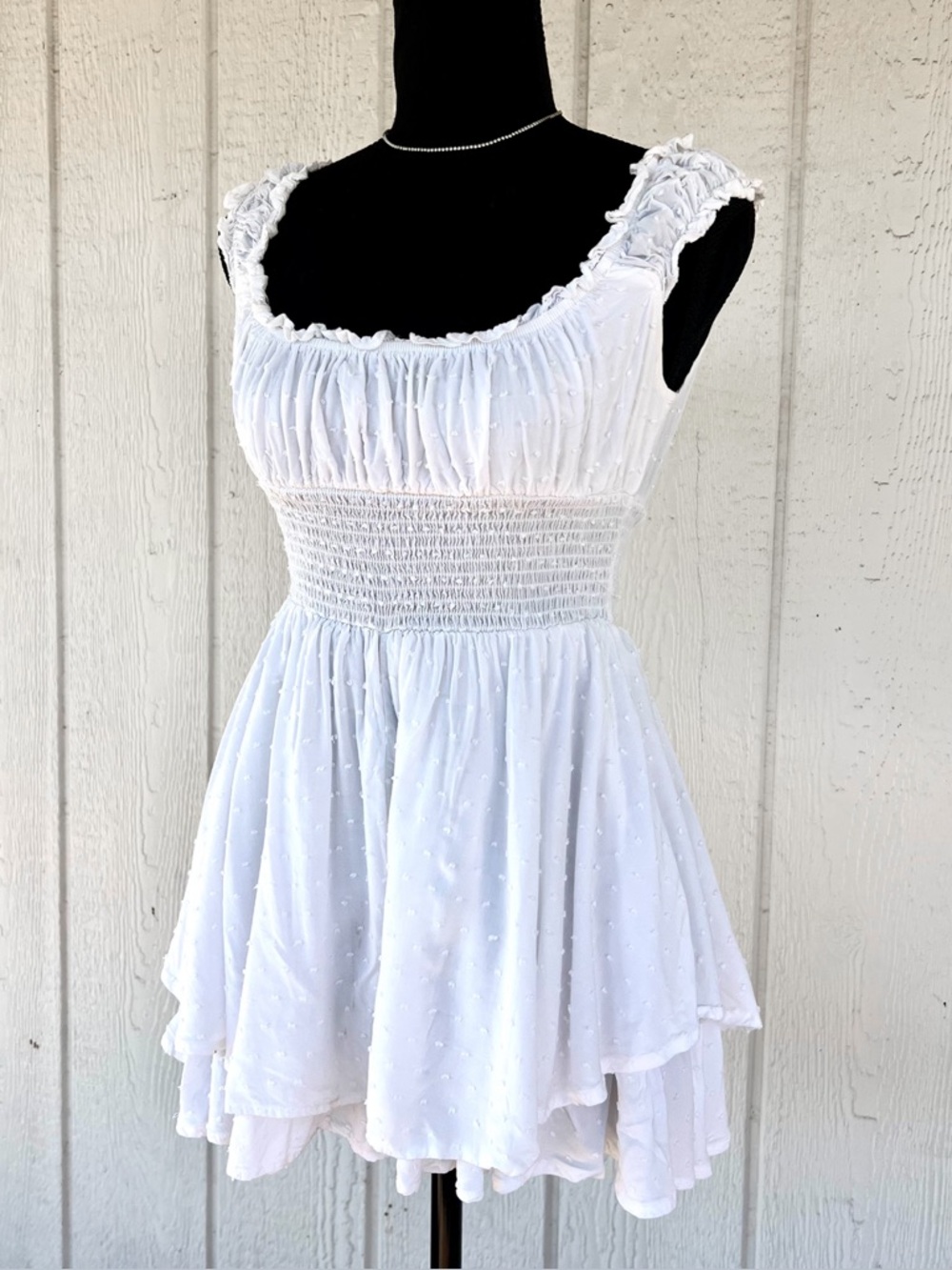 Urban Outfitters White Romper Small Smocked Ruffle Babydoll Coquette - Picture 2 of 4